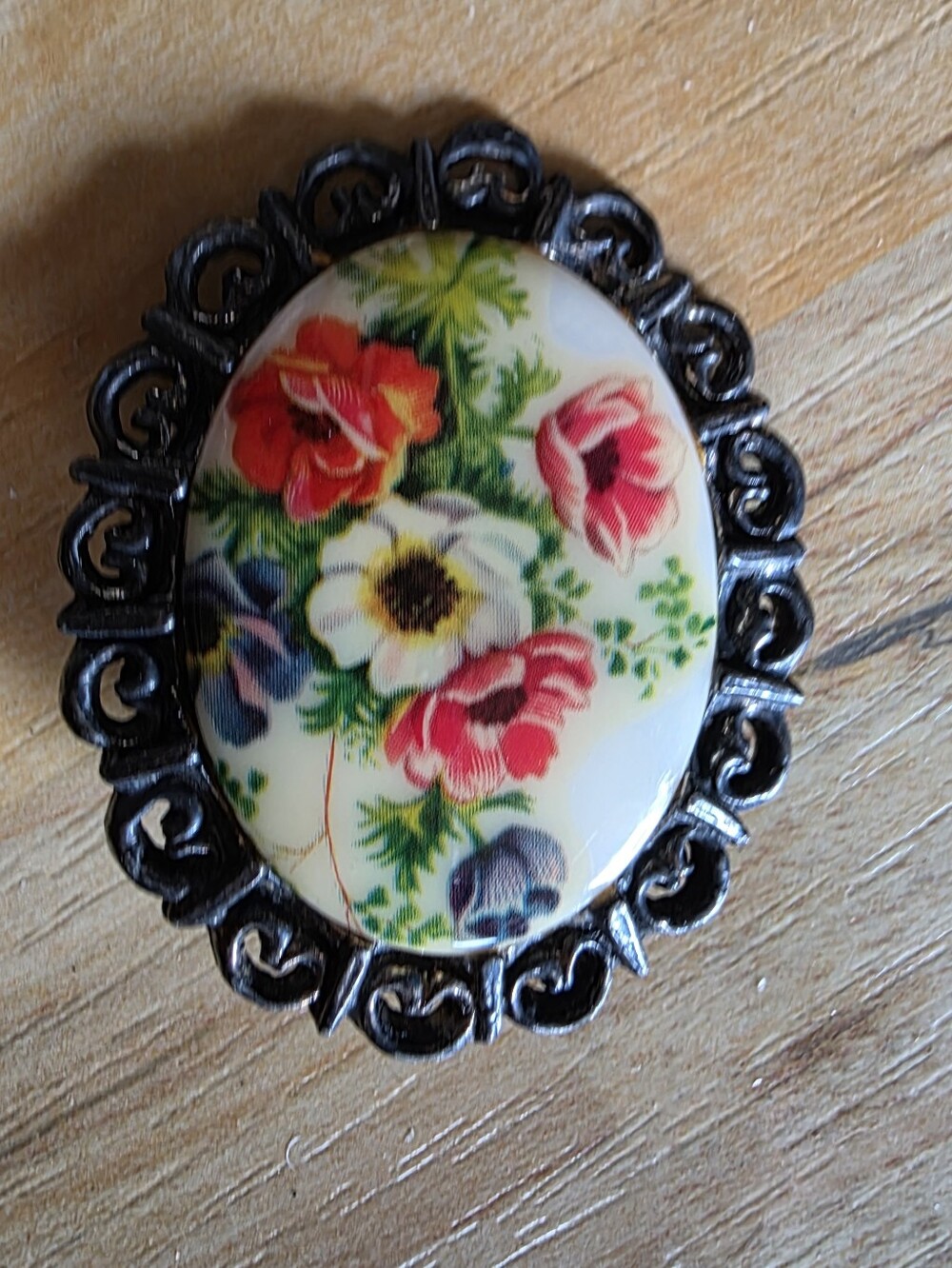 Vintage /antique Floral Porcelain Cameo Brooch - Red Pink Green Accents